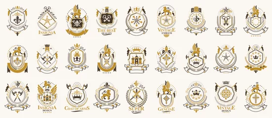 Fotobehang Vintage heraldic emblems vector big set, antique heraldry symbolic badges and awards collection, classic style design elements, family emblems. © Sylverarts