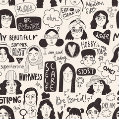 Modern Girls doodle seamless pattern with hand lettering. Different women faces in simple style. - 443798494