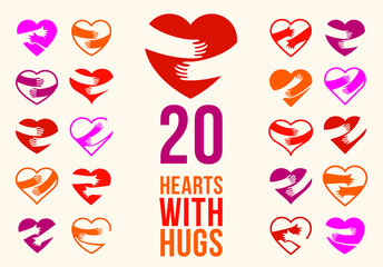 Hearts with hugs vector logos or icons set, hands holding heart care and relationship concept, support and protection theme, love yourself.