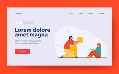 Woman donating money to poor girl. Flat vector illustration. Female character putting giant gold coin in hat that little girl holding. Charity, donation, money concept for banner design, landing page