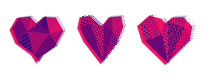 Low poly pattern geometric heart vector icons or logos set, graphic design 3d love theme element, polygonal dimensional heart.
