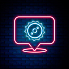 Glowing neon line Circular saw blade icon isolated on brick wall background. Saw wheel. Colorful outline concept. Vector