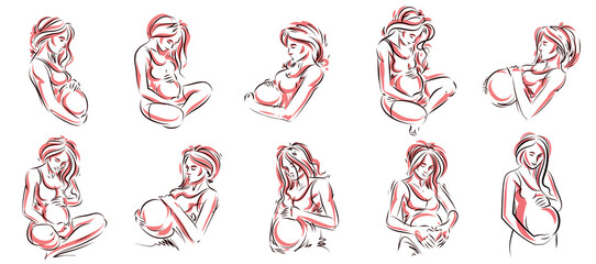 Pregnant woman vector hand drawn illustrations set isolated on white background, prenatal pregnancy baby shower theme, beautiful female motherhood new life.