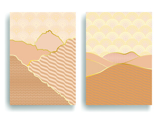 Poster with mountain landscape and Japanese wave pattern. Asian style  . Trendy brochure . Vector illustration .