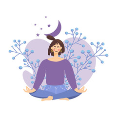 Concept of meditating girl against background flowers, moon, woman relaxes and calms down in the lotus position. Wellness, good health and well-being during meditation. Vector illustration flat style