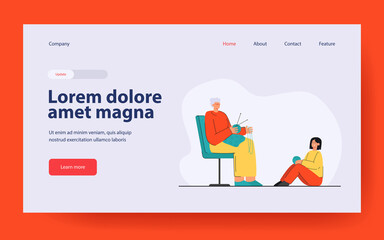 Grandmother sitting and knitting next to her granddaughter. Flat vector illustration. Elderly woman spending time with girl, holding ball of thread, knitting needles. Hobby, knitting, family concept