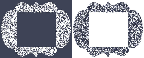 Floral frame made of leaves and flowers vector vintage design, decorative blank classic style border, luxury beautiful background, invitation or greeting card with place for text.