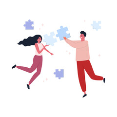 Flat vector illustration of people connecting jigsaw puzzles. The concept of coworking and business partnership. A symbol of teamwork, cooperation, partnership. White background.
