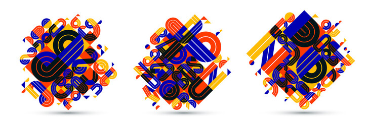 Obraz premium Abstract geometric composition vector designs set, colorful abstraction isolated on white, modern style shapes illustration art collection.