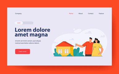 Young couple buying new house. Happy woman and man standing in front of house. Male character holding keys. real estate for banner, website design or landing web page