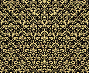Behang in de stijl van de barok. Naadloze vectorachtergrond. Goud en zwart bloemenornament. Grafisch patroon voor stof, behang, verpakking. Sierlijk damast bloemornament