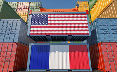 Container Terminal. Two cargo Container with France and USA flags. 3D Rendering