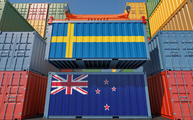 Container Terminal. Two cargo Container with Sweden and New Zealand flags. 3D Rendering