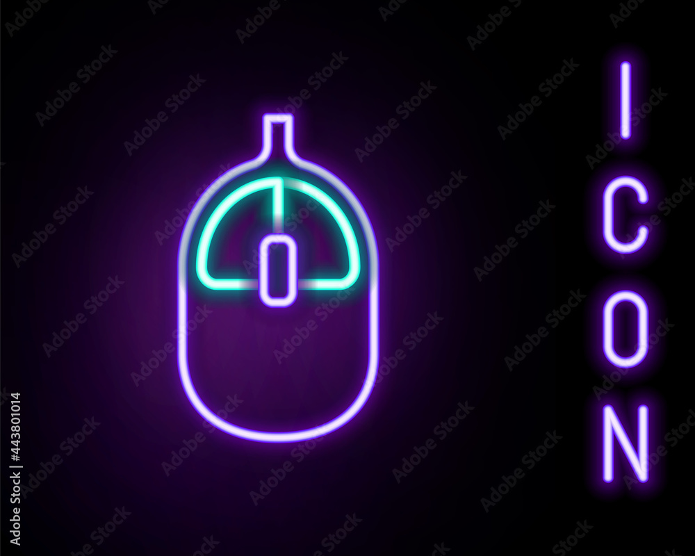 Poster glowing neon line computer mouse icon isolated on black background. optical with wheel symbol. color