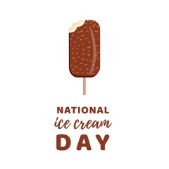 Happy National Ice Cream Day Poster. Sweet cold dessert greeting card. Chocolate ice cream holiday celebration banner.