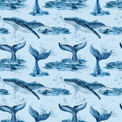Walvissen aquarel, natuur achtergrond, naadloos patroon