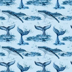 Fotobehang Oceaandieren Walvissen aquarel, natuur achtergrond, naadloos patroon
