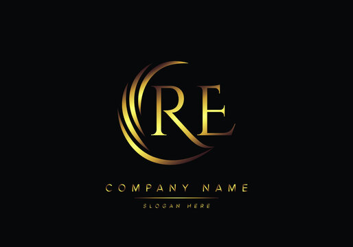 alphabet letters RE monogram logo, gold color elegant classical