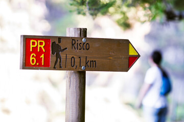 wooden signal  to Risco rout for hiking  and trekking , Madeira island
