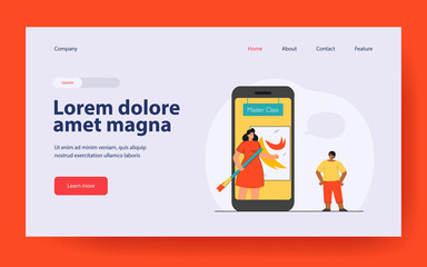 Child learning drawing online. Flat vector illustration. Cartoon dark skinned boy watching art master class with teacher on giant smartphone. Art, drawing, e-learning concept for banner design