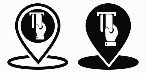 Location and bank card icon. GPS ATM. Payment by card. Geotag of cashless settlement. Vector icon.