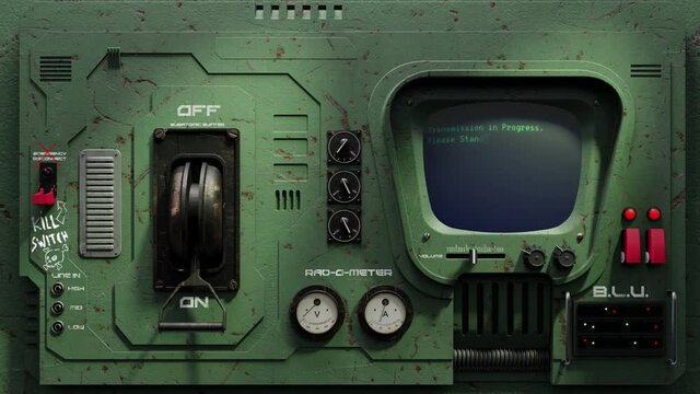 3D Render SciFi dystopian battered metal Control Panel. On the small TV like screen appears the text TRANSMISSION IN PROGRESS.PLEASE STANDBY and blinking cursor in typewriter style