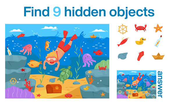 Find 9 hidden objects in the picture. Young man dives under water for treasure. Vector illustration of the underwater world. Educational game for children