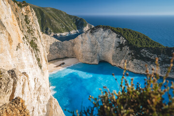 Fototapeta na wymiar Beach of Navagio or Shipwreck or even Zakynthos smugglers cove is the most famous of Zakynthos beaches