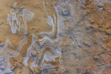 Obraz premium puddle gasoline background, wet oil multicolored rainbow pollution spill