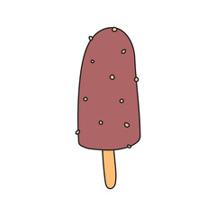 Chocolate flavored ice cream on a stick with crashed nuts. Flat design. Isolated flat vector illustration on white background