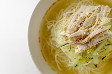 Chicken cold noodles on a white background