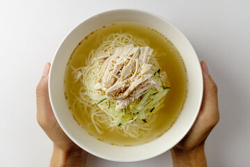 Chicken cold noodles on a white background