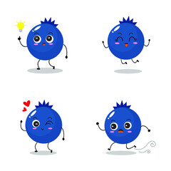 Fototapeta premium Vector illustration of a flat blueberry character with adorable expression, isolated on white background, simple minimal style, fresh fruit for mascot collection, emoticon