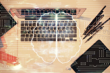 Multi exposure of brain sketch hologram over topview work table background with computer. Concept...
