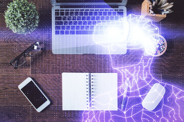 AR hologram drawings over computer on the desktop background. Top view. Multi exposure. Concept of augmented reality.