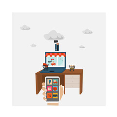 On line store. Sale, Laptop and smart phone with awning