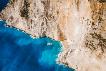 Aerial view of limestone cliffs of Navagio or Shipwreck Beach on Zakynthos Island, Greece. Summer vacation travel concept