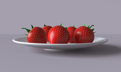 Red ripe strawberries on a ceramic plate. 3D rendering