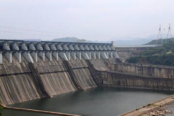 Sardar Sarovar Dam, Kevadia, Gujarat, India. Four Indian states, Gujarat, Madhya Pradesh, Maharashtra and Rajasthan receive water and electricity supply from the dam