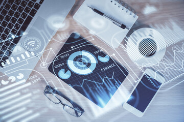 Multi exposure of technology theme drawing over table with phone. Top view. Concept of hightech.