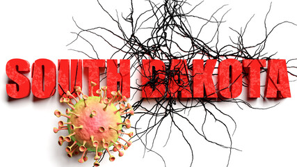 Degradation and south dakota during covid pandemic, pictured as declining phrase south dakota and a corona virus to symbolize current problems caused by epidemic, 3d illustration
