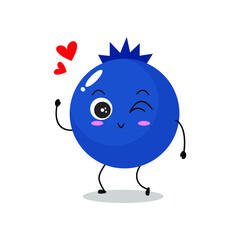 Vector illustration of a flat blueberry character with cute lovely expression, isolated on white background, simple minimal style, fresh fruit for mascot, emoticon