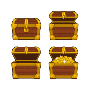 Treasure Box Set. Wooden Chest with Gold Coins. Vector