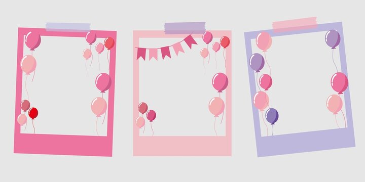 Polaroid photo frames decoration with colorful balloons and flag garland. Vector illustration. 