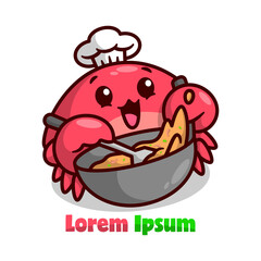CUTE RED CRAB CHEF IS COOKING FOOD ON A BIG FRYER. HIGH QUALITY CARTOON MASCOT.