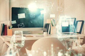 Naklejka premium Multi exposure of envelops drawings and office interior background. E-mail concept.