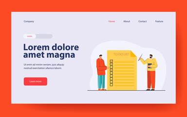 Cartoon teacher and student standing near giant to do list. Flat vector illustration. Man with pointer and young guy checking to do list. Planning, time management, mentoring, education concept