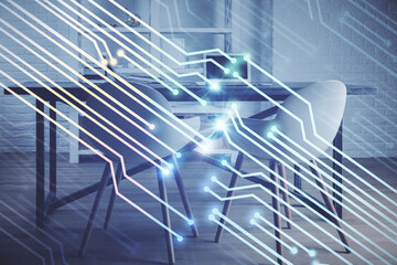 Multi exposure of data theme drawing and office interior background. Concept of technology.