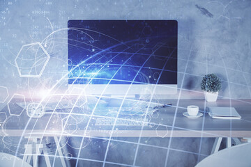 Multi exposure of world map drawing and office interior background. Concept of international network.