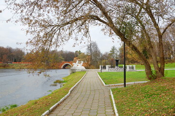 Moscow Region, Russia - October 26, 2017: Marfino Manor Park on an autumn cloudy day